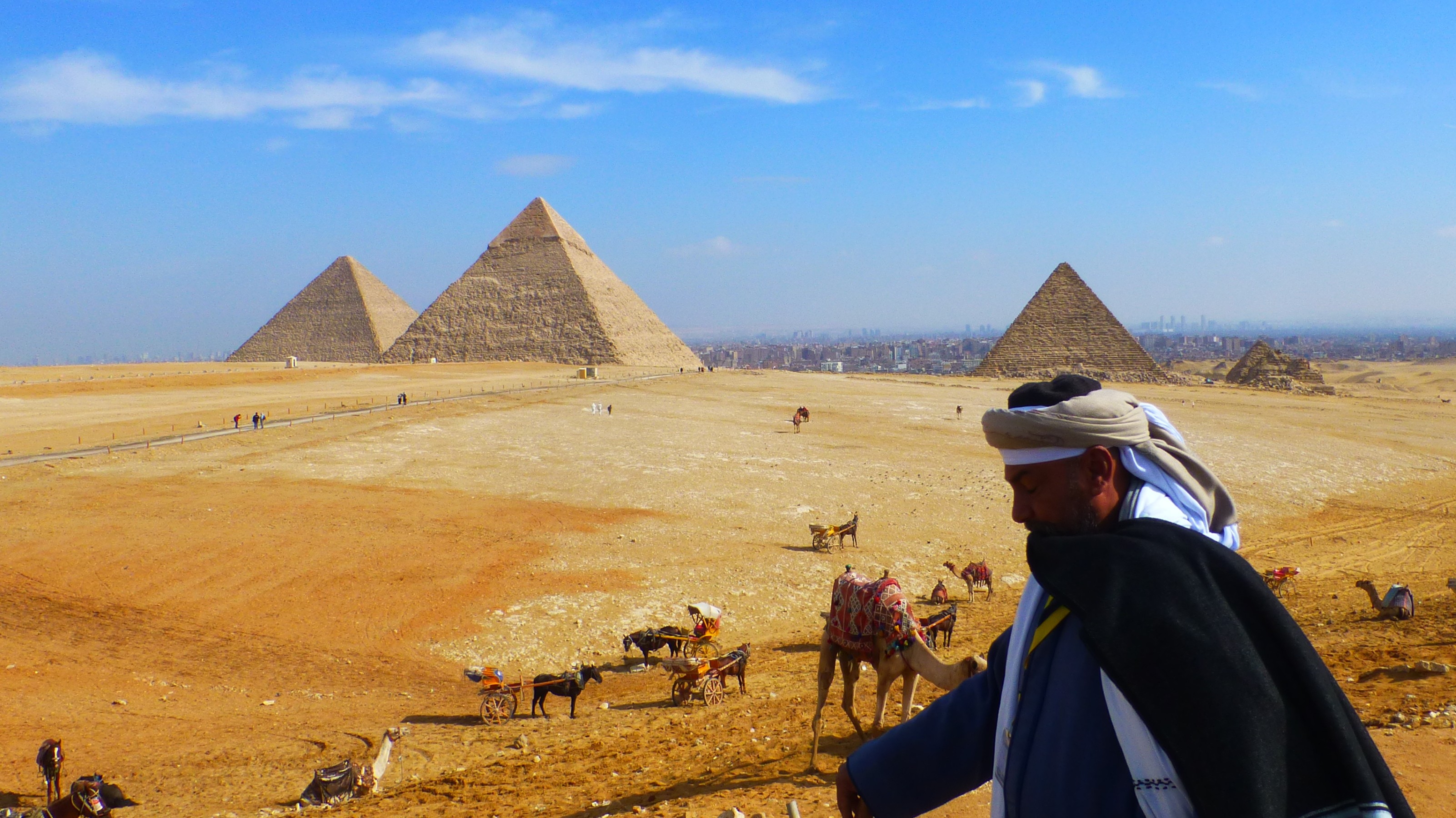 Somehow the old bedouin beat us to Giza for the first picture. Left to right is the Great Pyramid of Khufu (the perspective makes it look smaller), the Pyramid of Khafre and the Pyramid of Menkaure.
