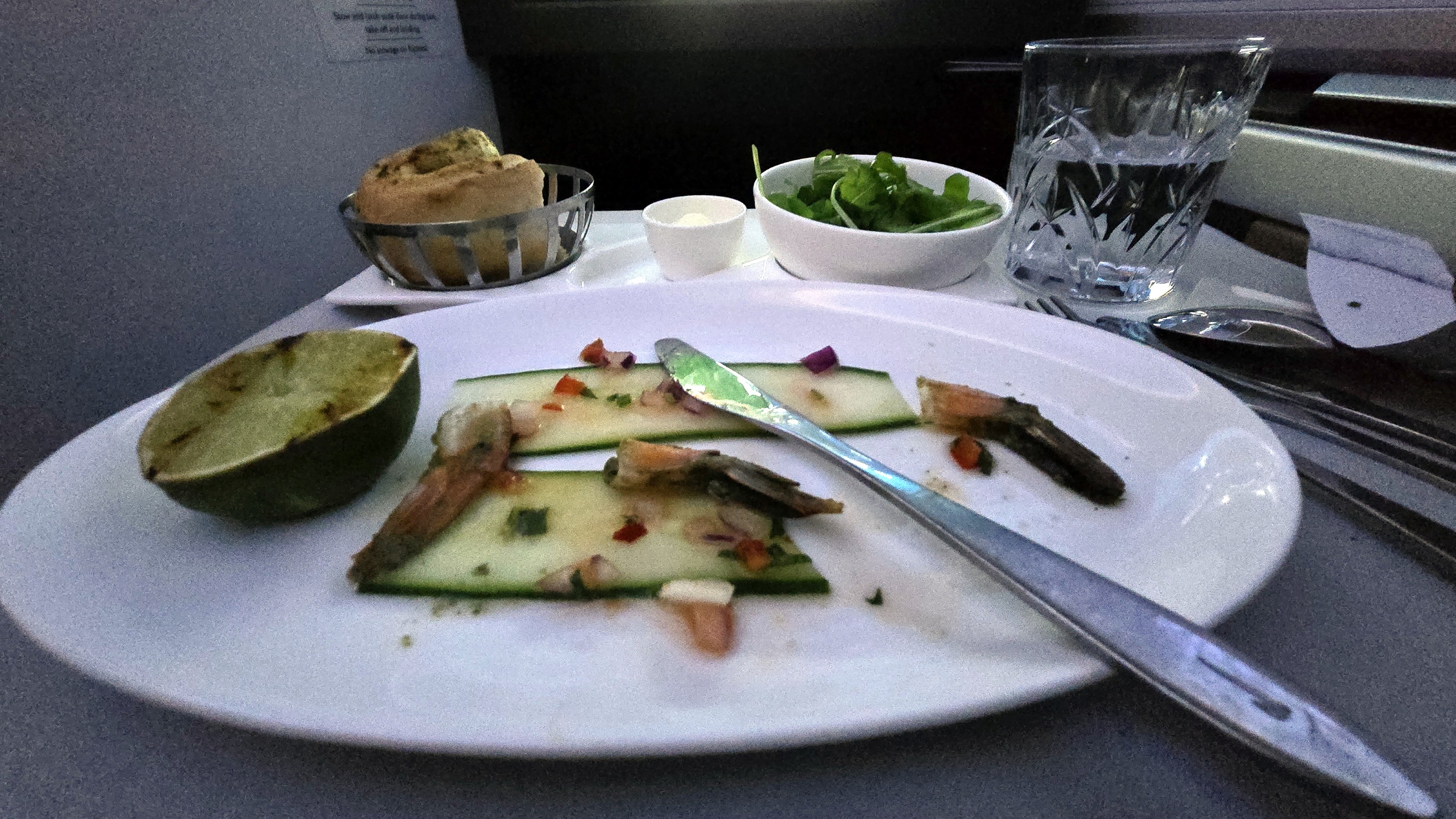 As we crossed the North Atlantic, our starter was shrimp (and I forget what was in the cup).