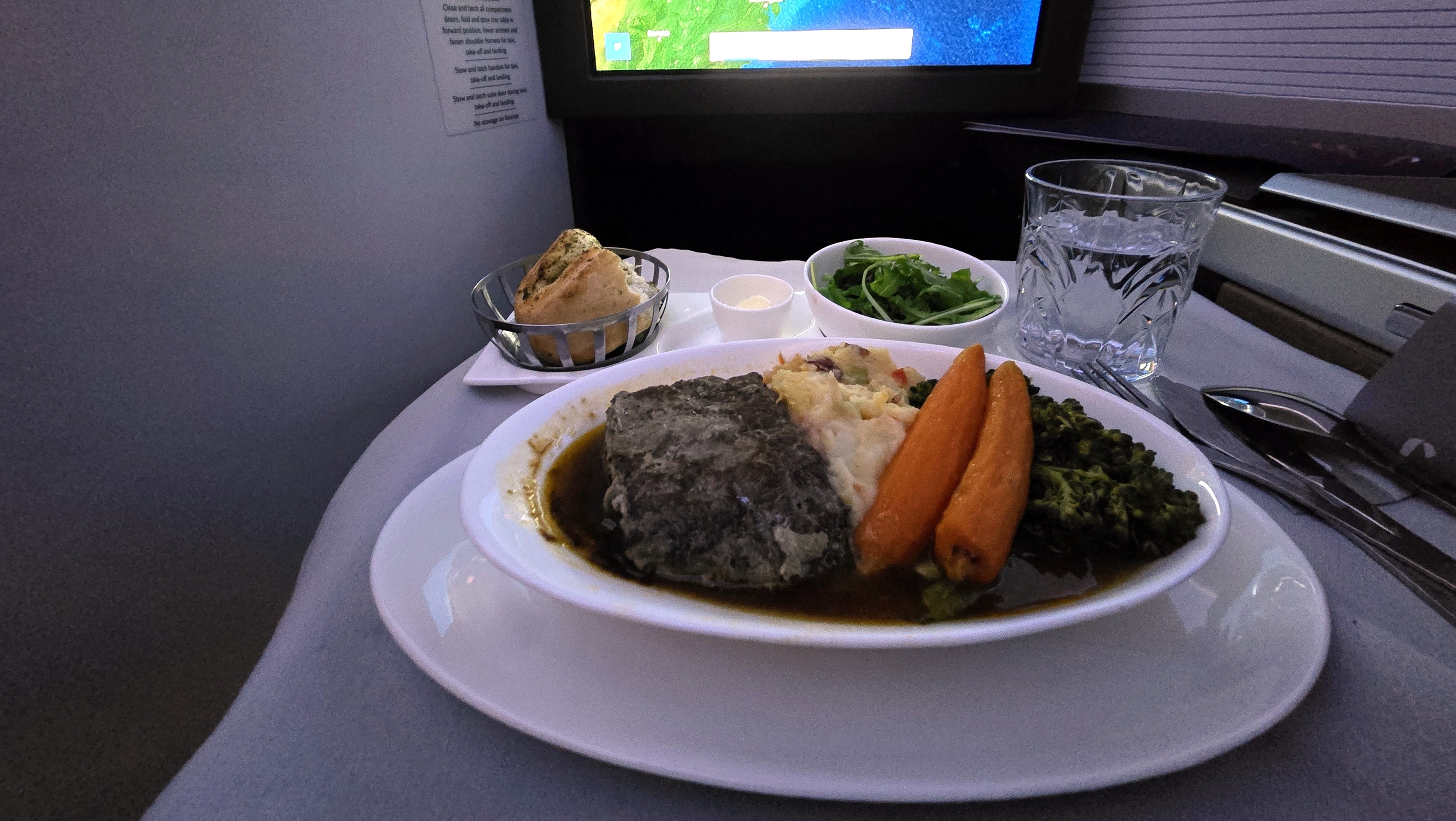 The main course included ribeye steak (square and cooked way passed well) withptoatos, carrots and brocolini.