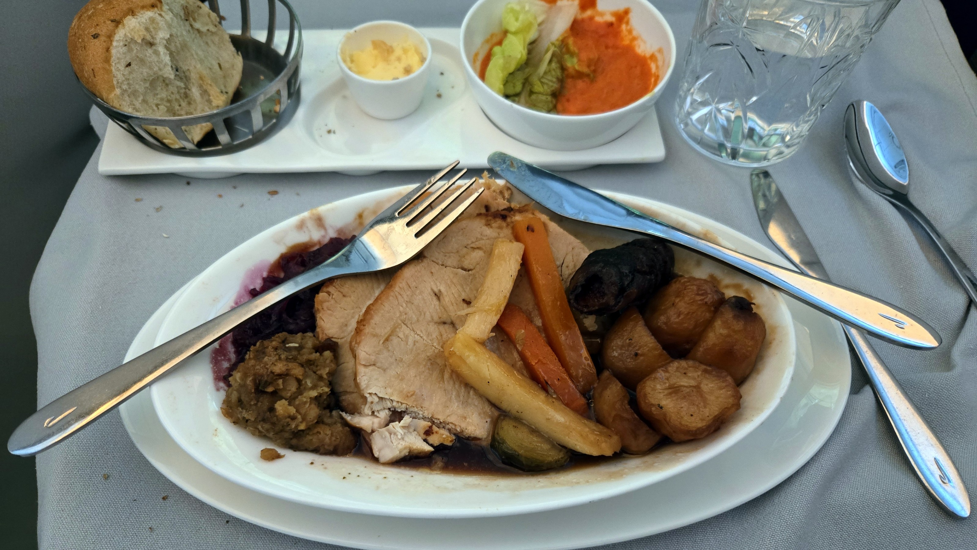 And for the main course is a full English Christmas dinner complete with turkey, pig in a blanket, slow braised red cabbage, sage and onion stuffing, roast potatoes, Brussel sprouts and jus. Just OK, the turkey was dry and the jus was too sweet.