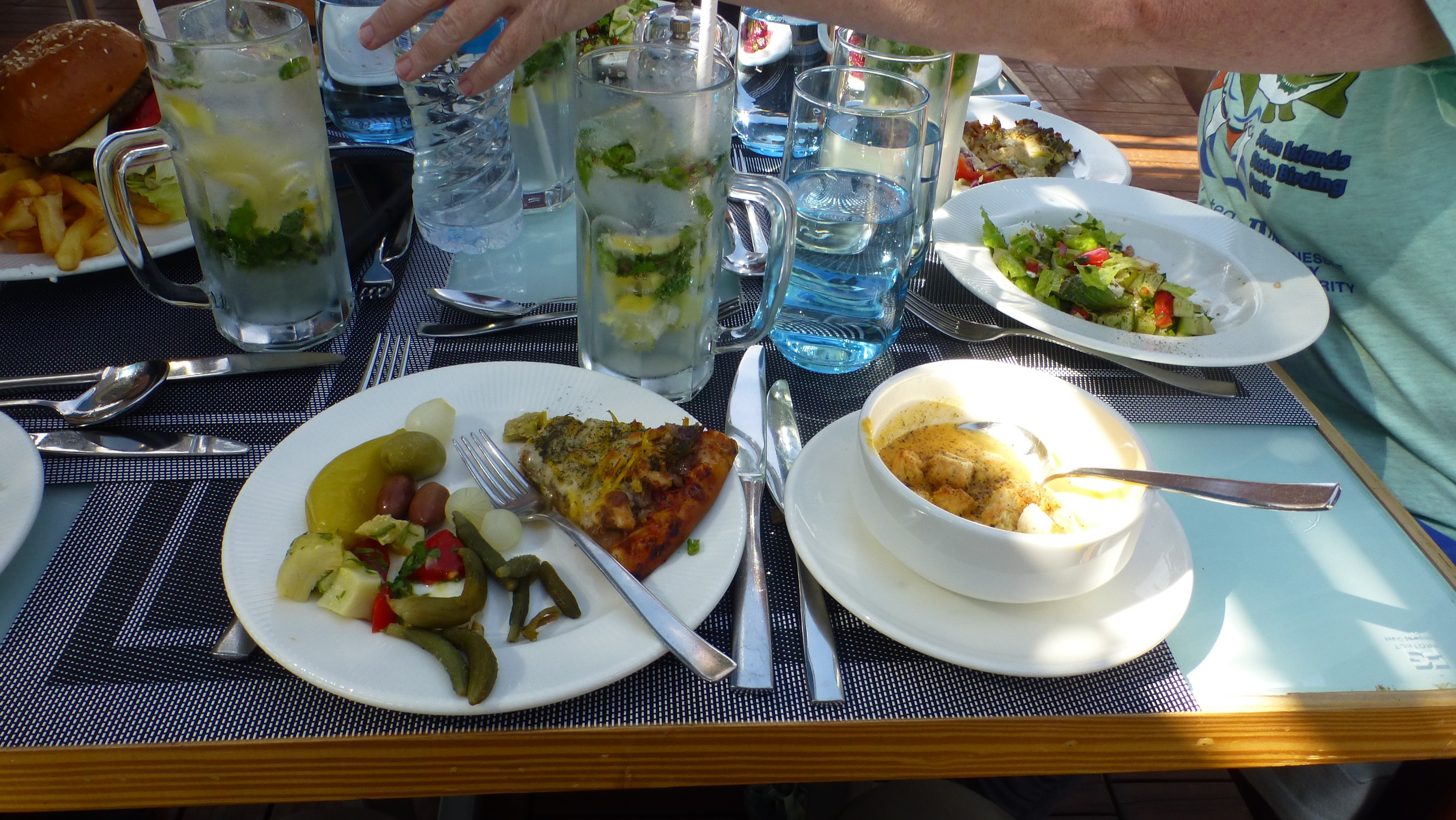 Today brunch consisted of a pumpkin soup, pizza, pickled onions, olives, artichoke hearts, blue cheese (that I ate almost every meal), a hot pepper and some little pickles that I did eat every meal.