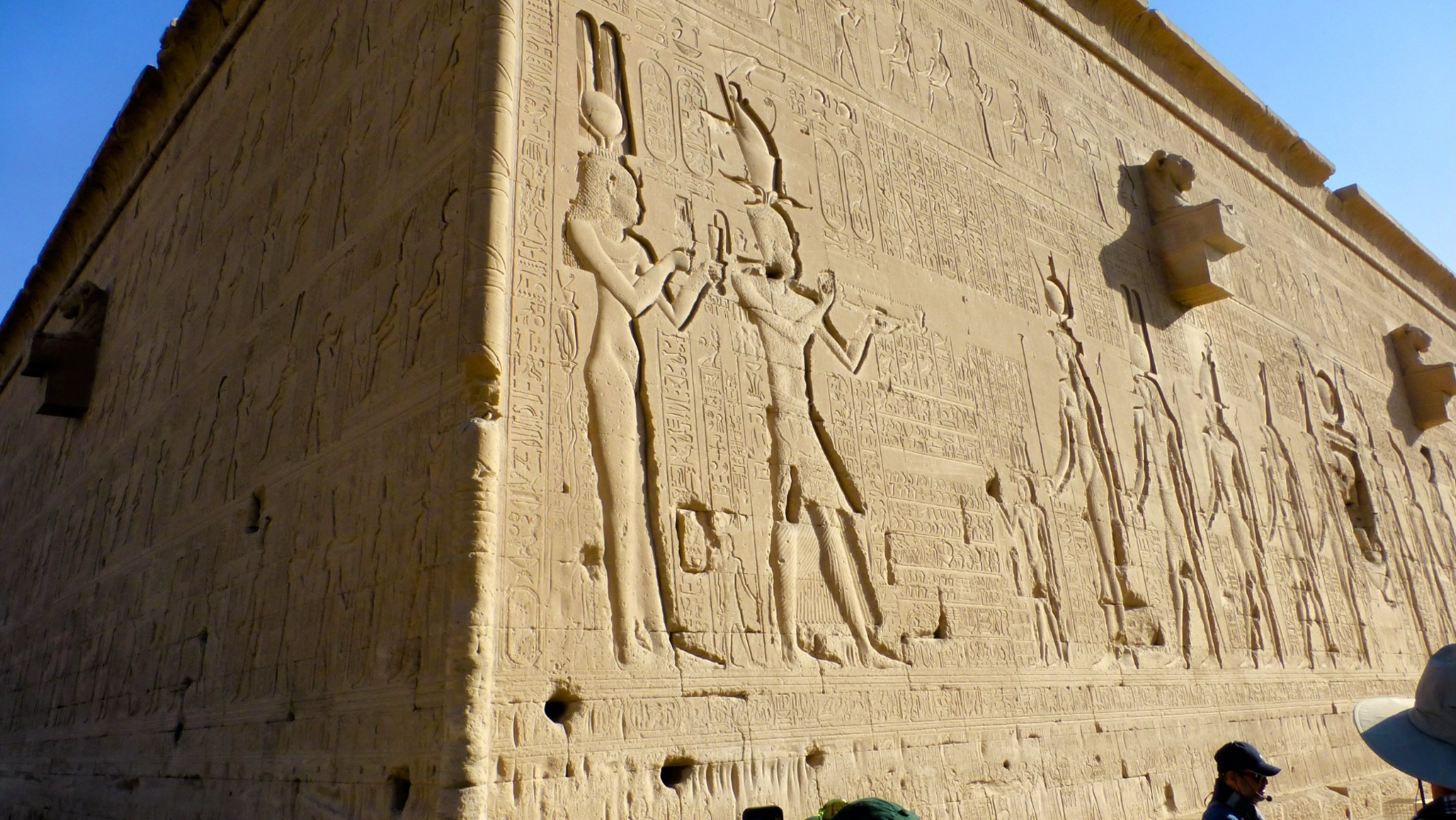 This is the only known depiction of Queen Clopatra VII (think Elizabeth Taylor). Here she is receiving blessings and recognition from the divine goddess Hathor. 