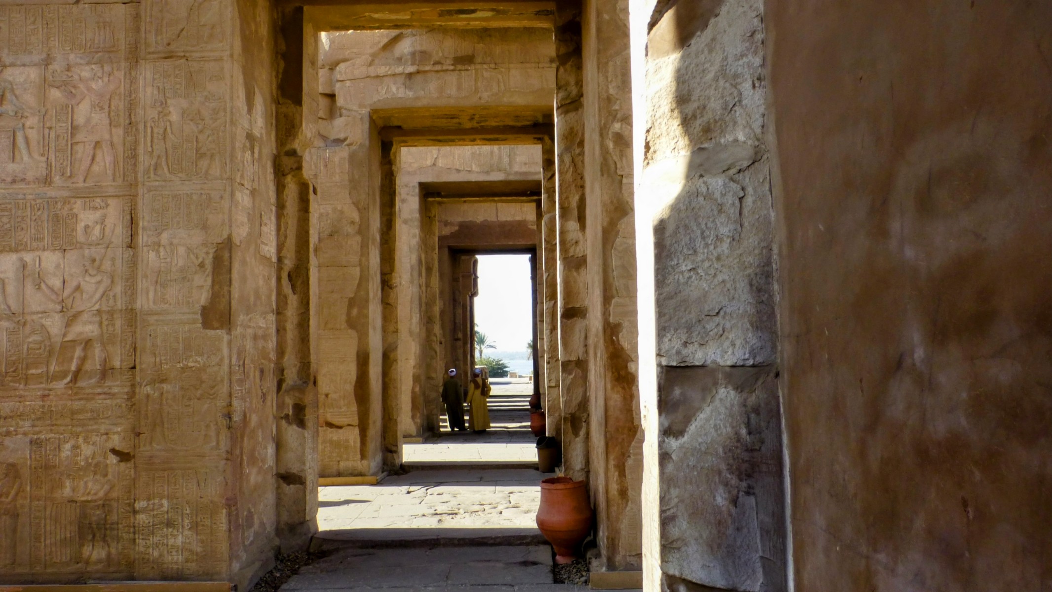 Looking down the main corridor you can see how close this temple is to the Nile. It makes it a favorite of the cruise ships since they can tie up and go directly into the temple (as we did). For this reason it was also featured in the 1978 movie, <q><i>Death on the Nile</i></q>.