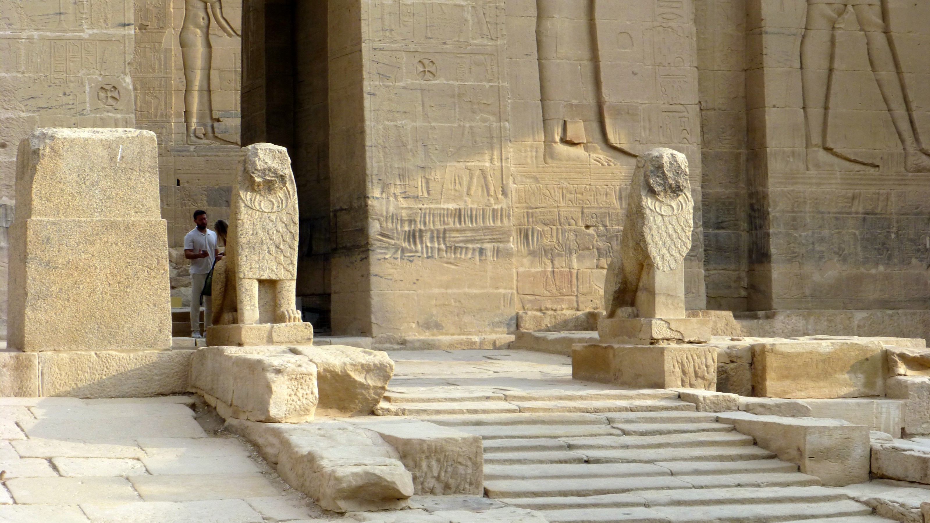 The entrance is guarded by these lion statues. Their faces were pecked away by the Coptic Christians that used this temple for a church.