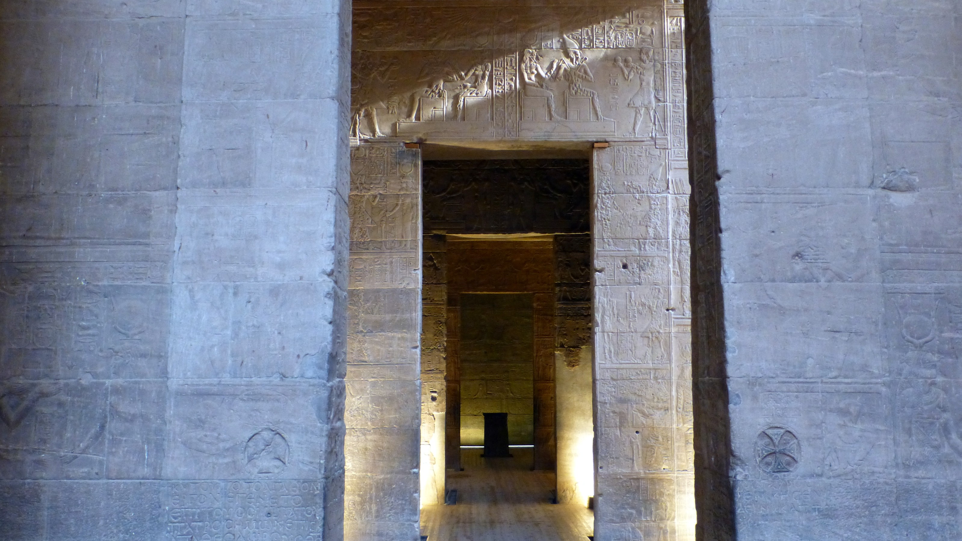 Looking down the center aisle you see the alter of Isis. Again you can see the Maltese crosses carved on either side of the entrance.