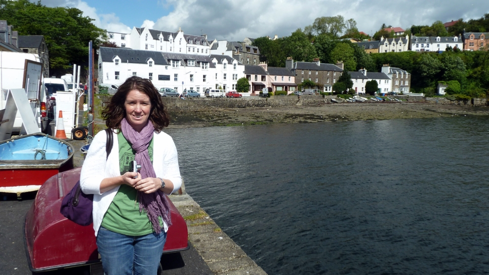 Amy along Portree Harbour