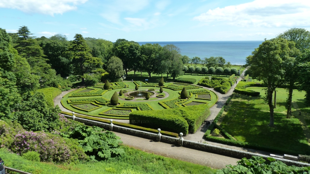 A small part of the Dunrobin gardens. Beyond the trees is the Falconry grounds and beyond that the North Sea.
