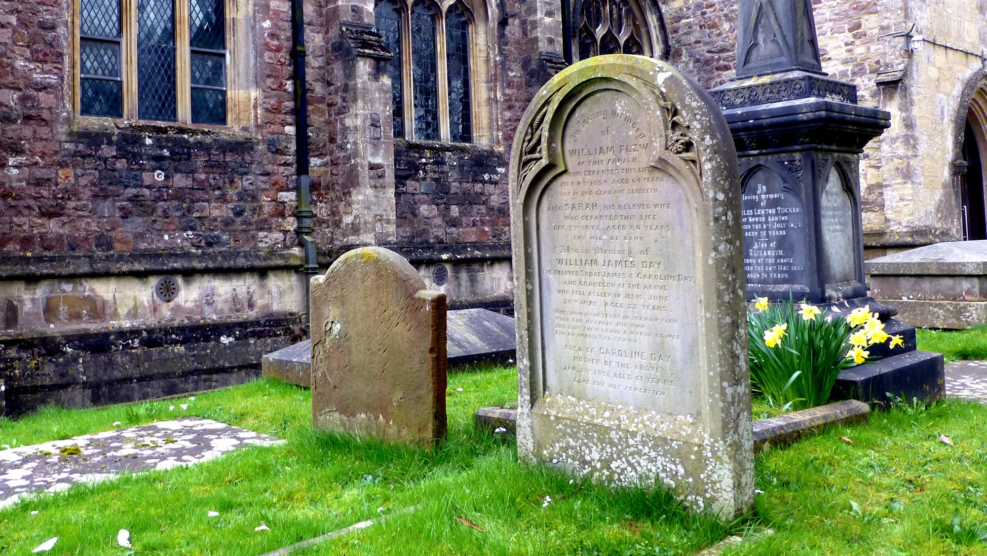 The gravestone of William and Sarah Flew, their daughter, Caroline, and their grandson, Caroline’s son, William James Day