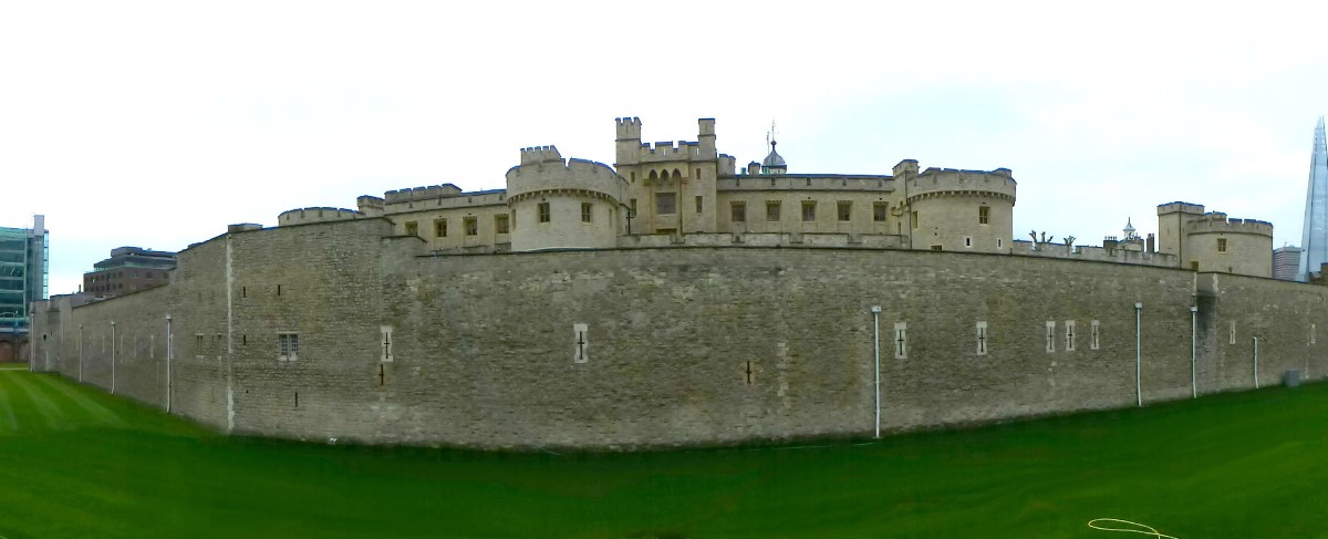 A panoramic photo of the north and west walls of London Tower