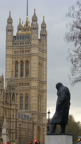 Sir Winston Churchill with Victoria  Towerin the background.
