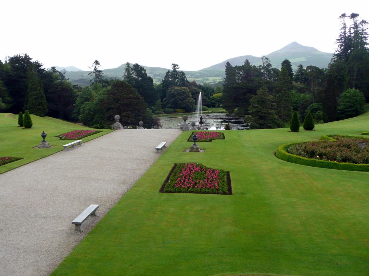 The Italian Garden at Powerscourt with Sugarloaf Mountain in the distance