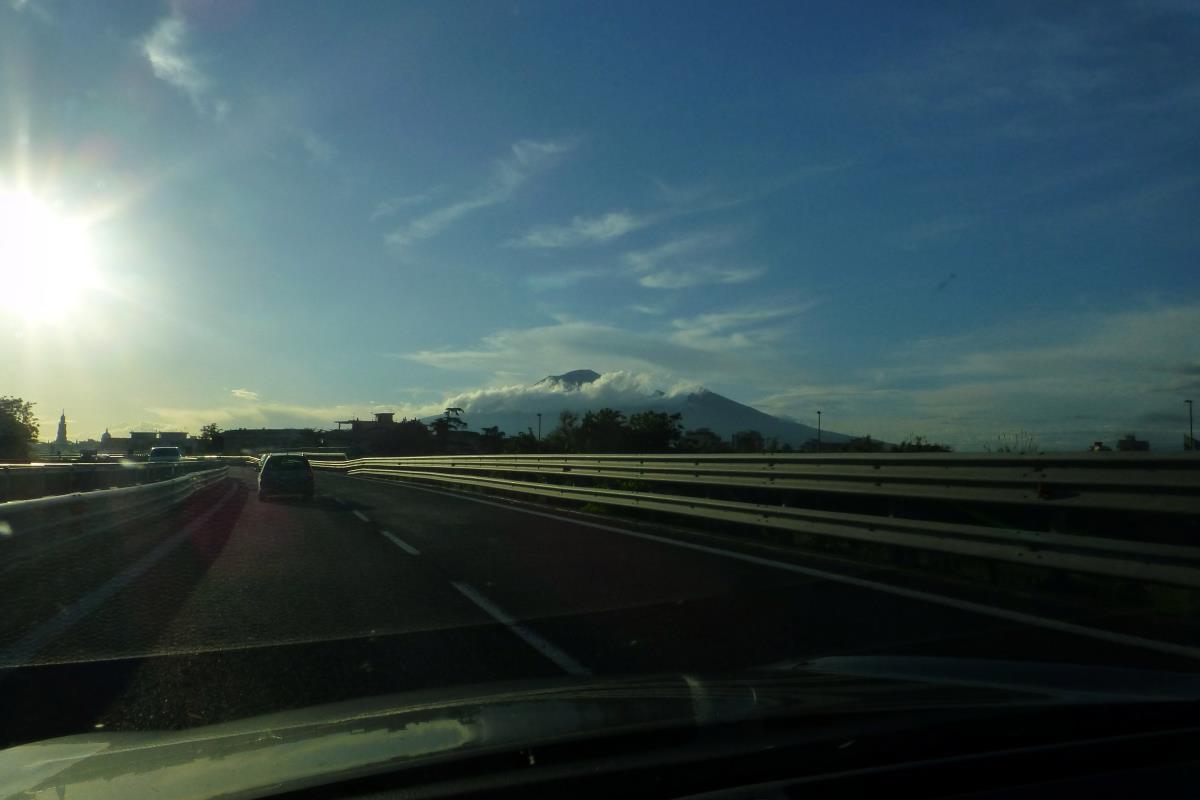 Approaching Naples with our first view of Mt Vesuvius in the distance
