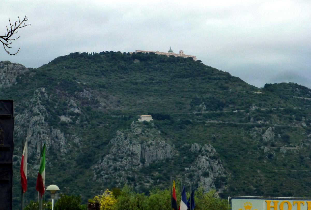 Monte Cassino sits approximately 1500 feet above the town of Cassino. It was the site of a major battle in WWII.